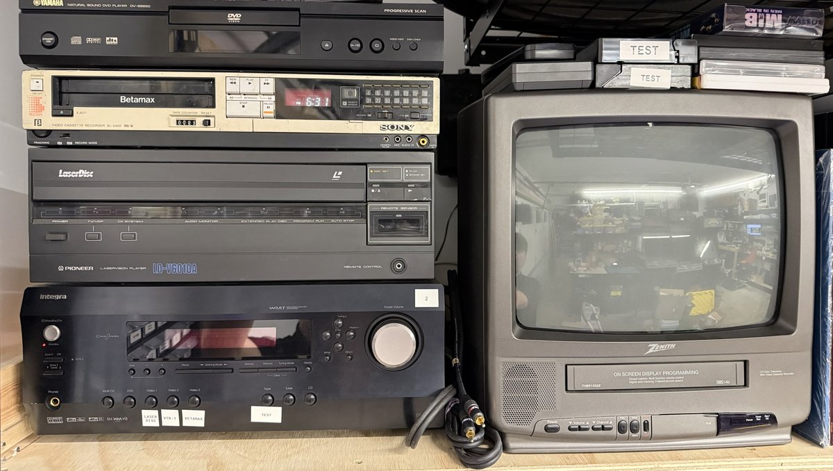 Betamax player, Pioneer LaserDisc, Integra receiver, and Zenith CRT monitor