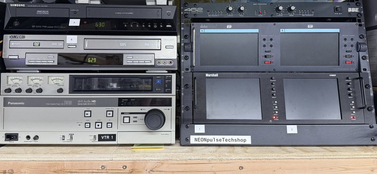 Samsung DVD recorder, Go Video VHS, Panasonic AG-7510, DataVideo switcher, Marshall monitors