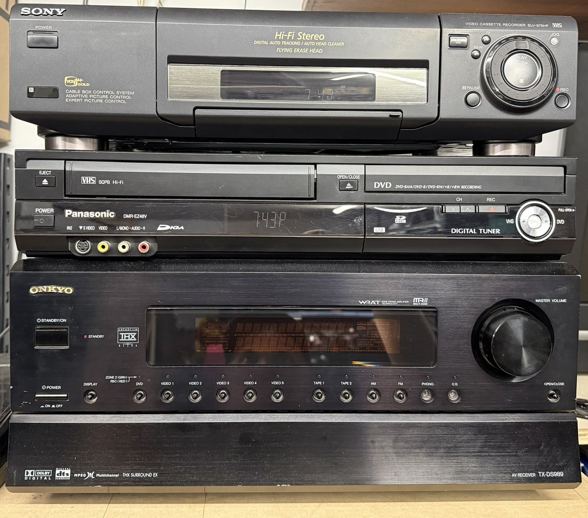 Sony SLV-975HF Hi-Fi VCR, Panasonic DMR-EZ48V DVD/VHS combo, Onkyo TX-DS989 receiver