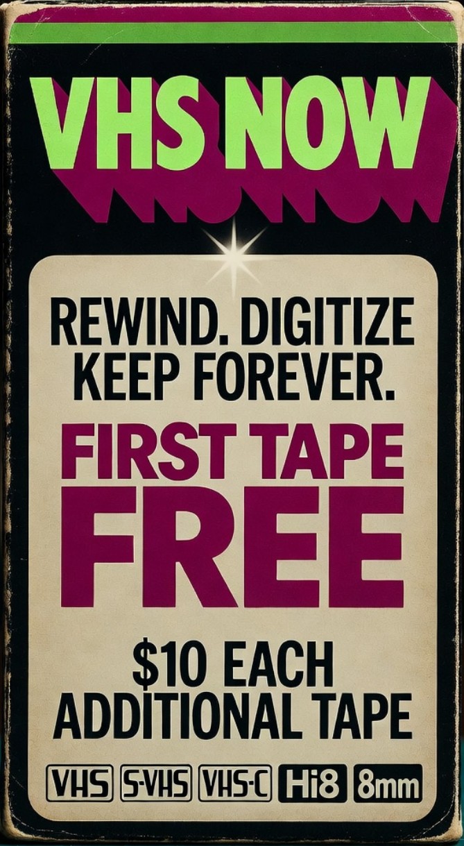 VHS Now pricing — First tape free, $10 each additional